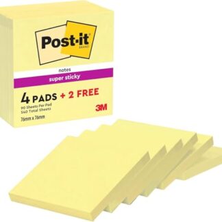 Post-It Foglietti Adesivi Super Sticky, Canary Yellow, 90 foglietti/blocchetto, 4+2 gratis, Giallo - Foglietti Post-it ad alta aderenza per appunti e promemoria