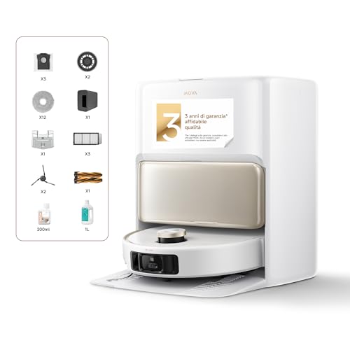 Mova V50 Ultra Complete Robot Aspirapolvere e Lavapavimenti, Potenza di Aspirazione da 24.000 Pa, con Svuotamento Automatico, Lavaggio Termico con Sistema Aoppia Soluzione, Sistema StepMaster, Bianco