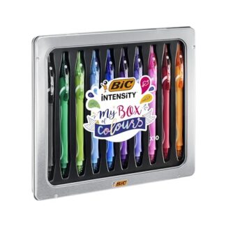 BIC Intensity Quick Dry, Set Penne Gel Colorate, Asciugatura Ultra-Rapida Confezione in Metallo, 10 Unità, Penne Bic, Cancelleria Scuola e Ufficio, Idea Regalo