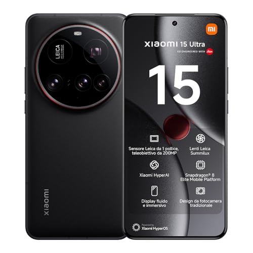 Xiaomi 15 Ultra Smartphone, 16+512GB, Nero, Lenti Leica Summilux, Sensore principale da 1 pollice, 200MP, Batteria da 5.410mAh, HyperCharge da 90W, HyperAI (Caricabatterie non incluso)