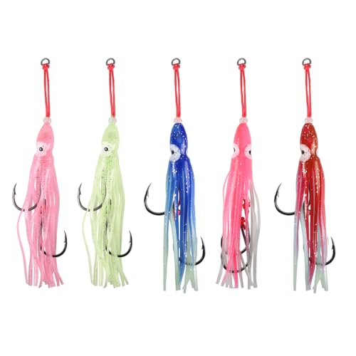 Esche da Pesca, 5 Pezzi Esca Artificiali Traina Luminose con Coda a Gonna a Gancio per Pesca in Acqua Salata Mare