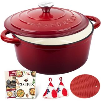 Overmont Casseruola in Ghisa Smaltata - Antiaderente Forno Olandese con Coperchio - Ø26 CM Rotonda Cocotte per Adatto a Piani di Cottura e Forni a Induzione - Rosso