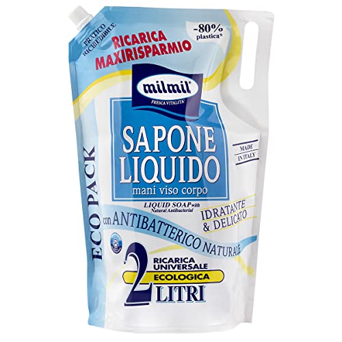 Milmil Sapone Liquido Neutro, Ricarica Universale Maxirisparmio, Dermatologicamente Testato con Antibatterico Naturale - 2000 ML