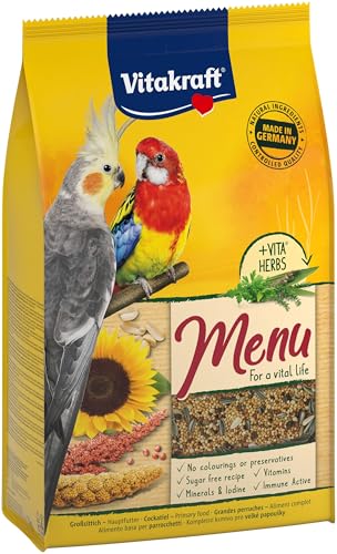 Vitakraft Menü, alimento completo per grandi parrocchetti, con cereali e noci, confezione grande, senza zuccheri aggiunti (1x 3kg)