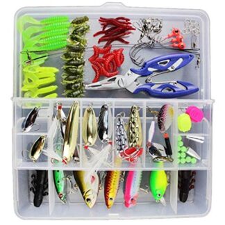 Vicloon Esche da Pesca, 120 Pezzi Esche Artificiali da Pesca Contiene Crankbaits, Stickbait, Vermi, Ganci Singolo, Pinze, ECC